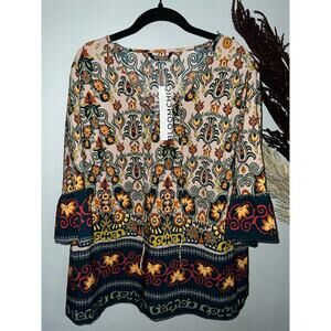 Bloomchic size 14/16 (XL) baroque floral blouse 3/4 ruffle sleeve boho CUTE NWT